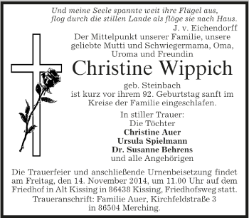 Todesanzeige von Christine Wippich von Münchener Merkur